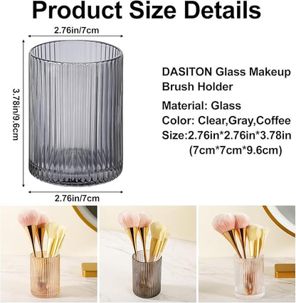 DASITON Makeup Brush Holder Organizer, Crystal Cosmetic Makeup Brushes Storage Holder, Glass Make Up Brush Holder, Vintage Striped Make Up Cup Desk Pen Pencil Holder, Toothbrush Holders (Gray S)