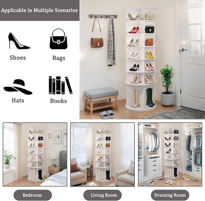 Runboll 7-Tier Rotating Shoe Rack Tower Spinning Shoe Display Lazy Susan Storage Tower, Free Standing 360 Revolving Shoe Organizer for Living Room Entryway Doorway