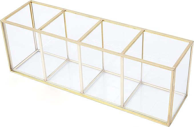 JIARI Gold 4-Compartment Desktop Organizer, Transparent Glass Makeup Brush Holder, 10.23x3.54x2.75 Inches Storage for Home Office and School Items (Gold-4 Slot)