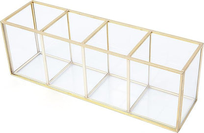 JIARI Gold 4-Compartment Desktop Organizer, Transparent Glass Makeup Brush Holder, 10.23x3.54x2.75 Inches Storage for Home Office and School Items (Gold-4 Slot)