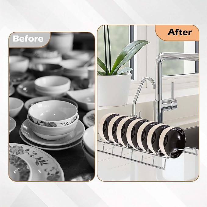 JEPELUS 4 Pack Plate and Bowl Organizer for Cabinet with 2 Absorbent Cloths, Stainless Steel Cutting Board Organizer, 8 Slots Upright Bowl Storage Rack Dish Drying Racks for Pot Lids Plates Bakeware