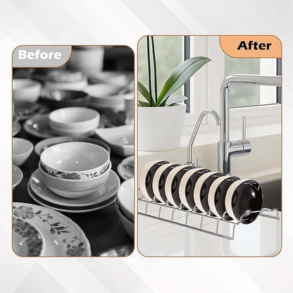 JEPELUS 4 Pack Plate and Bowl Organizer for Cabinet with 2 Absorbent Cloths, Stainless Steel Cutting Board Organizer, 8 Slots Upright Bowl Storage Rack Dish Drying Racks for Pot Lids Plates Bakeware