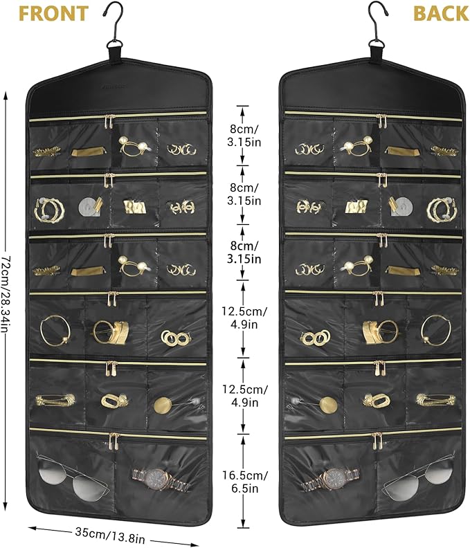 CHICECO Hanging Jewelry Organizer With Zippered Pockets,40 Pockets Travel Jewelry Organizer Storage for Cloest,Wall,Door