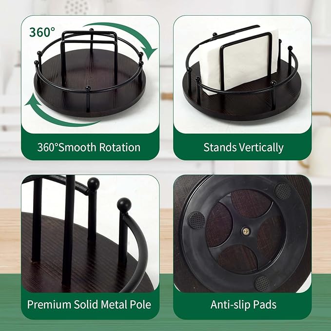 Napkin Holder for Table,360° Rotating Lazy Susan Turntable Organizer for Cabinet,9 inches Kitchen Table Decor&Counter Tray Can Hold Salt and Pepper Shakers (Dark Brown)
