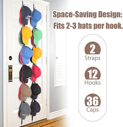 Over The Door Baseball Cap and Bag Organizer – Anti-Drop S Hooks, Heavy Duty Storage for Backpacks, Hats & Accessories, Adjustable 2×7 ft Straps (Holds 12–36 Caps)
