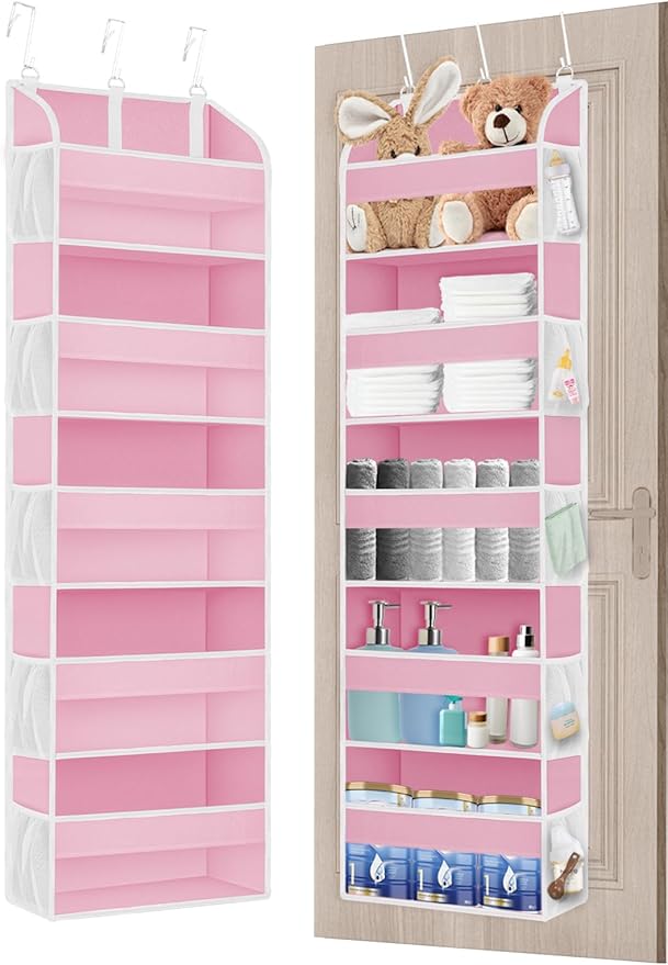 TAHAVICE Pink Over the Door Organizer - 5-Tier Hanging Storage with Clear PVC Windows & 10 Mesh Pockets, Cute Closet Organizer for Makeup, Perfume, Toys, Perfect Pink Room Decor for Girl