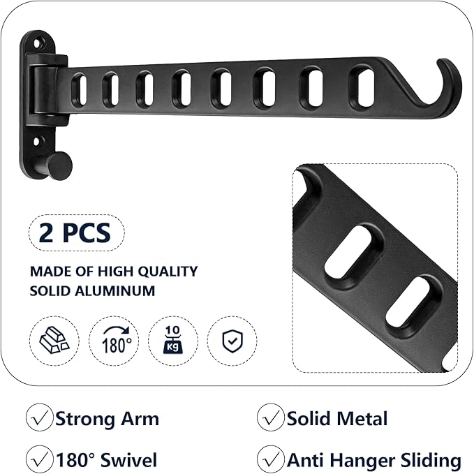 2 Pack Swing Arm Clothes Hanger Rack Wall Mount, Laundry Room Drying Rack with Swing Arm, 8 Holes and 180°Rotation, Swing Away Hanger Rack, Sturdy Hanging, Solid Aluminum (Black)