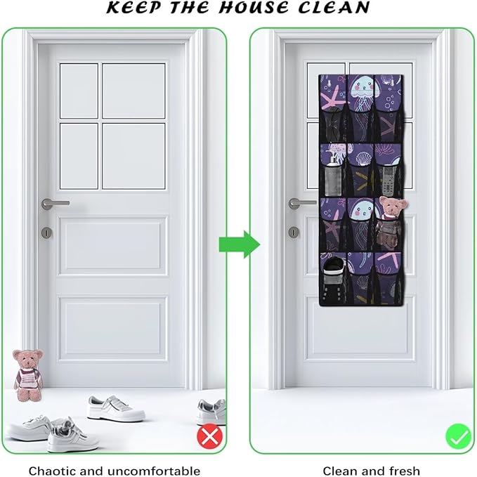 Jellyfish Over The Door Shoe Organizers,Shoe Rack for Door,Hanger Storage Organizer for Closet,Classroom Headphone Storage with 12 Mesh Pockets,Breathable Storage Bag
