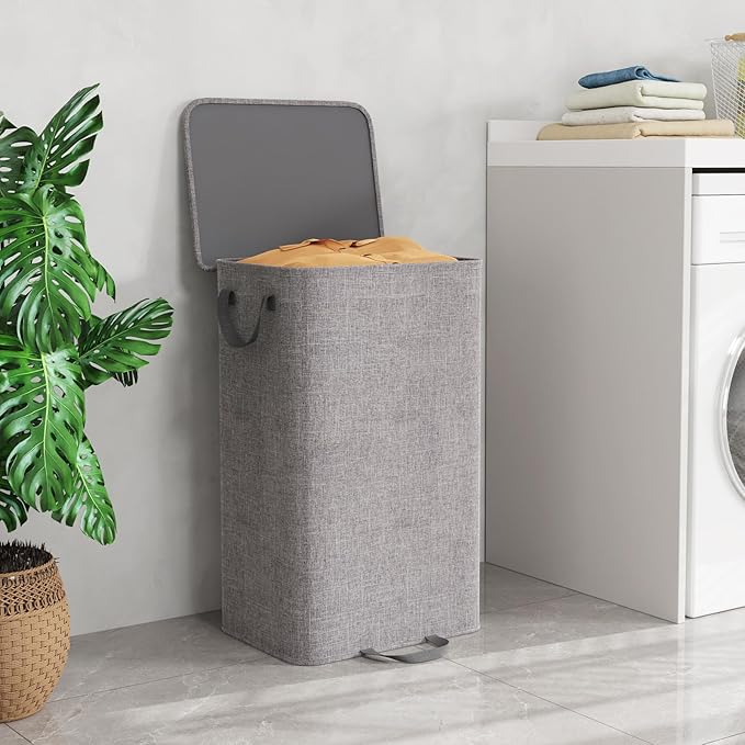 Lifewit Single Laundry Hamper with Lid and Removable Laundry Bags, Large Collapsible 1 Dividers Dirty Clothes Basket with Handles for Bedroom Laundry Room Closet Bathroom College, 100L Gray