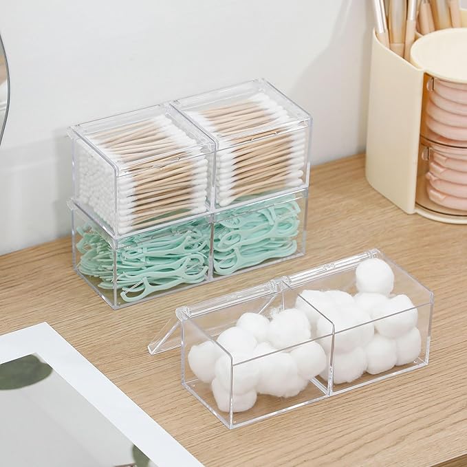 3 Pack Bathroom Canister with Divider, Plastic Vanity Drawer Storage Jars with Lid for Cotton Balls, Makeup Pads, Hair Ties, Clear Desk Drawer Container for Home Office Supplies