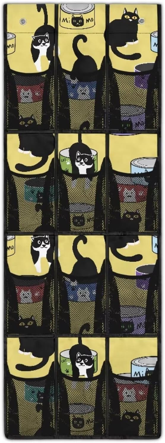 12-Pocket Behind The Door Storage Organizer, Oxford Material Waterproof Foldable and Designed for Bathroom Pantry or Bedroom Use, Cute Cats