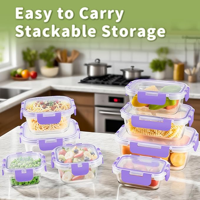 HOMBERKING 8 Pack Glass Food Storage Containers with Lids, Meal Prep Containers, Airtight Bento Boxes with Leak Proof Locking for Microwave, Oven, Freezer and Dishwasher, BPA Free, 5-35oz, purple