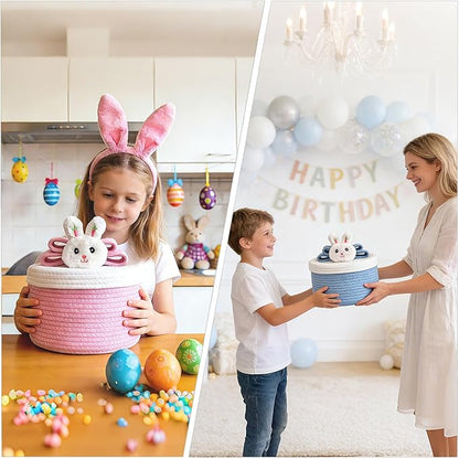 Cute Storage Baskets with Lids, Small Round Woven Rope Basket with Lid, Small Toy Box for Kids or Cat, Cute Basket for Gift, Decorative Basket with Chic Bow Handle, Blue