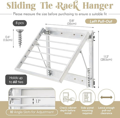 Blulu 13.8'' Sliding Tie Rack for Closet(Left Pull-Out), 60 Tie Pull Out Belt Hanger Wall Mounted Extending Metal Belt Organizer,Sliver
