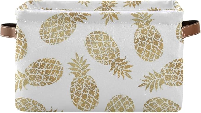 Large Storage Basket Bin Pineapple Pattern Storage Cube Box Foldable Canvas Fabric Collapsible Organizer with Handles for Home Office Closet