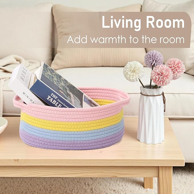 JMvicyroam Woven Basket,Small Rope Storage Bin with Handles & Ribbon Bag, Organizer for Shelves Closets,Gift Basket Empty for Birthday,Books,Dog Toys, Rainbow/2 Pack