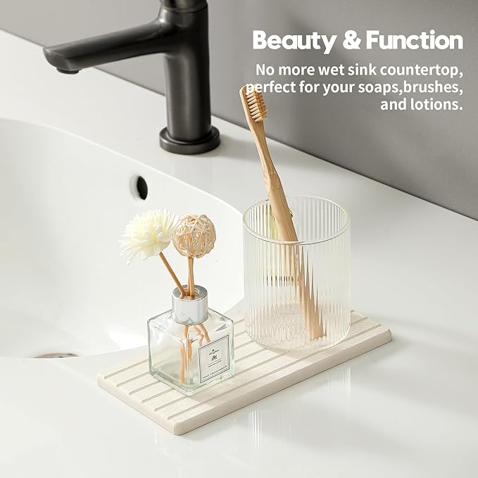 Razborci 2 Pack Greige Bathroom Sink Vanity Trays, Diatomite Stone Kitchen Counter Caddy Dish Soap Dispenser Sponge Holder, Water Absorbing Mat Organizer for Plant,Cosmetic Bottle, Beige, 8"x3.8"