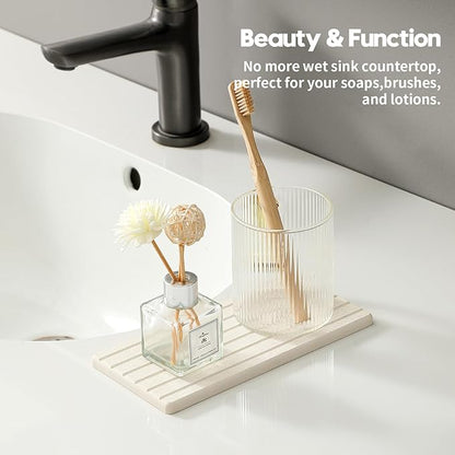 Razborci 2 Pack Greige Bathroom Sink Vanity Trays, Diatomite Stone Kitchen Counter Caddy Dish Soap Dispenser Sponge Holder, Water Absorbing Mat Organizer for Plant,Cosmetic Bottle, Beige, 8"x3.8"
