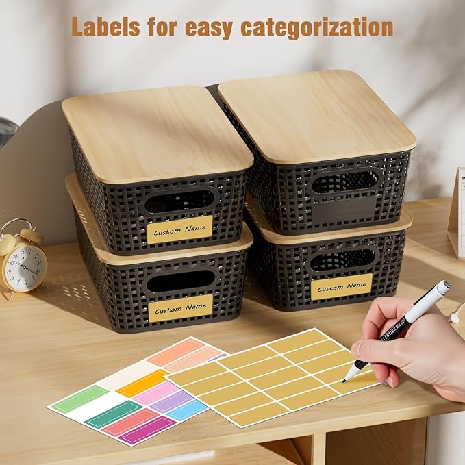8 Pcs Plastic Storage Bins with Bamboo Lids and Labels 5.29qt Stackable Box Basket Pantry Decorative Containers, Small Storage Baskets for Desktop Organizing Shelves Bedrooms Cabinets 10*7.2*4.1"