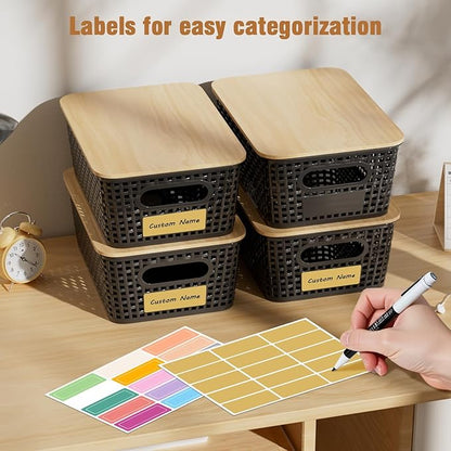 8 Pcs Plastic Storage Bins with Bamboo Lids and Labels 5.29qt Stackable Box Basket Pantry Decorative Containers, Small Storage Baskets for Desktop Organizing Shelves Bedrooms Cabinets 10*7.2*4.1"