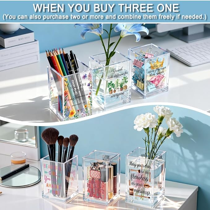 Be Pround of The Work You Do Acrylic Cosmetic Holder, Inspirational Makeup Brush Holder Gifts, Encouragement Gifts for Girls Women, Lipstick Storage for Bathroom Jewelry Accessories Holding