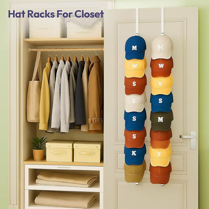 SWTYMIKI Over Door Hat Organizer - 2 Packs Metal Wall Mounted Hat Rack with 16 Hooks Design, Hanging Baseball Cap Organizer Storage Holds up to 32 Caps for Door, Bedroom, Closet(White)