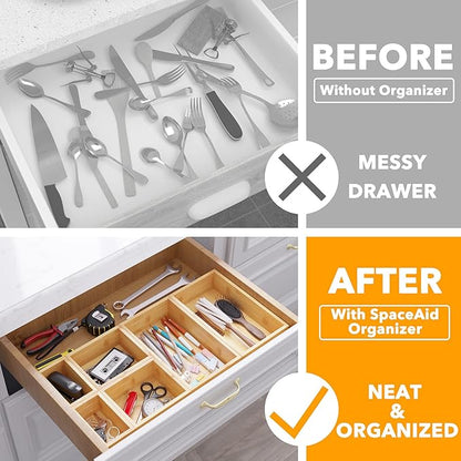 SpaceAid 6 Pcs Bamboo Drawer Organizer Storage Box Set, Multi-Use Drawer Organizer Bin for Kitchen, Bathroom, Office Desk and Makeup (6 Boxes)