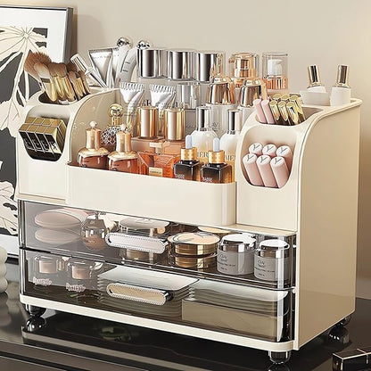 Makeup Organizer with 2 Drawers, Cosmetic Display Case, Storage Holder for Vanity, Bathroom Counter, Desk, Beauty Supplies (Cream)