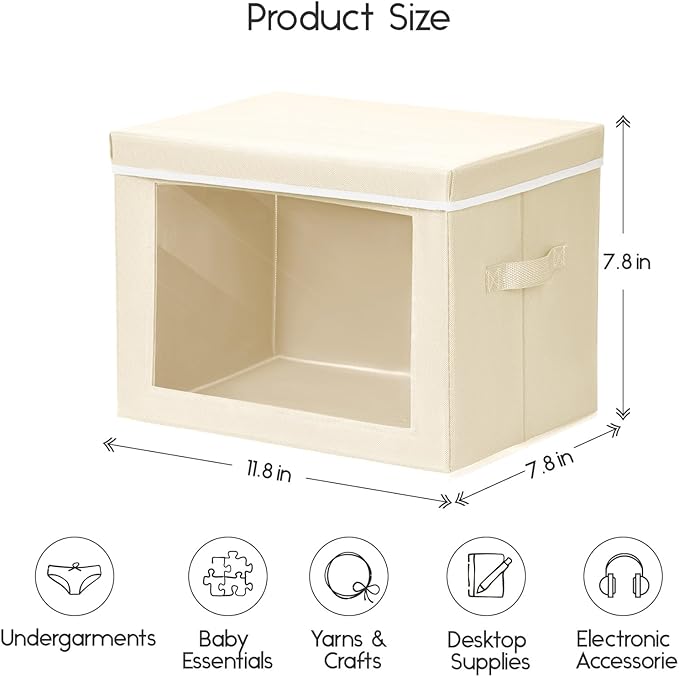 Homsorout Storage Bins with Lids - Small Fabric Organizers with Window, Collapsible Storage Bins for Clothes, Decorative Closet Organizers for Towels, Tshirt, 4 Pack, Beige