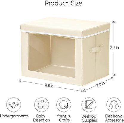 Homsorout Storage Bins with Lids - Small Fabric Organizers with Window, Collapsible Storage Bins for Clothes, Decorative Closet Organizers for Towels, Tshirt, 4 Pack, Beige