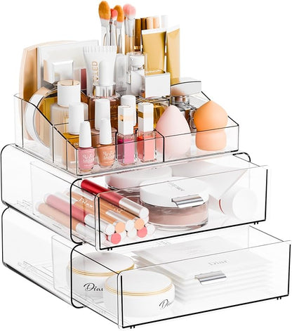 Yieach 3 Tier Clear Acrylic Makeup Organizers with Drawers,Tiered Countertop Make up Storage Organizer for Dresser Top and Bathroom Vanity,Plastic Makeup Stand for Brush,Skincare,Beauty Organizers