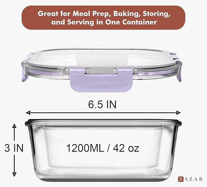Razab 2 PC 1200ML / 41 Oz Glass Food Storage Containers with Lids - Airtight & Leakproof - Microwave/Oven/Freezer Safe - BPA Free - Ideal for Meal Prep, Storing Leftover & Lunch