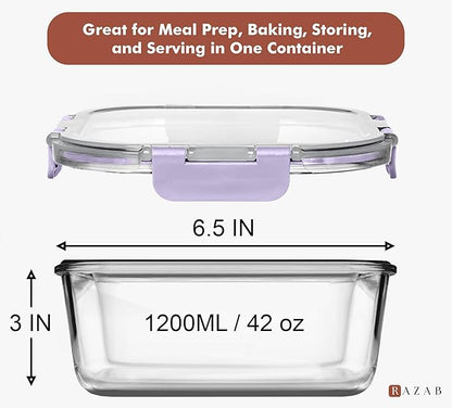 Razab 2 PC 1200ML / 41 Oz Glass Food Storage Containers with Lids - Airtight & Leakproof - Microwave/Oven/Freezer Safe - BPA Free - Ideal for Meal Prep, Storing Leftover & Lunch