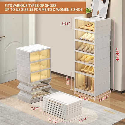 EHAMILY 6 Tier Foldable Shoe Rack Organizer for Closet 6-12Pairs Plastic Collapsible Shoe Racks Shelf Stackable Clear Folding Shoes Storage boxes for Small Spaces Narrow Shoe Storage Cabinet