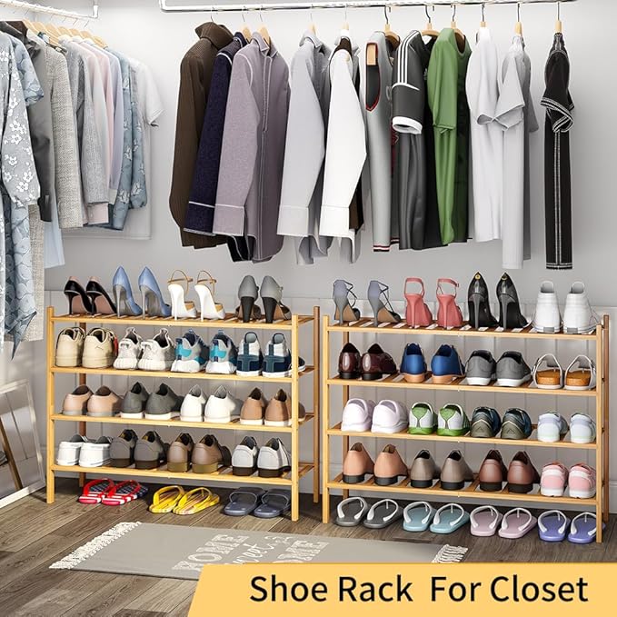 Long Shoe Rack, 4-Tier Bamboo Stackable Shoe Shelf Storage Organizer, Shoe Stand for Closet, Entryway and Hallway