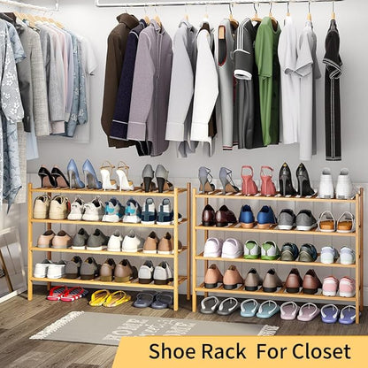 Long Shoe Rack, 4-Tier Bamboo Stackable Shoe Shelf Storage Organizer, Shoe Stand for Closet, Entryway and Hallway