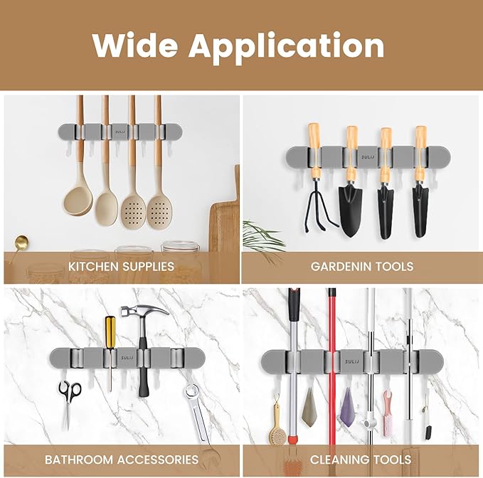 2Pcs Broom Holder Wall Mount, No-Drilling Self-Adhesive Mop and Broom Storage Rack with Hooks (4 Racks with 5 Hooks), Wall-Mounted Broom Hanger for Bathroom, Kitchen, Closet, Garage (Grey)