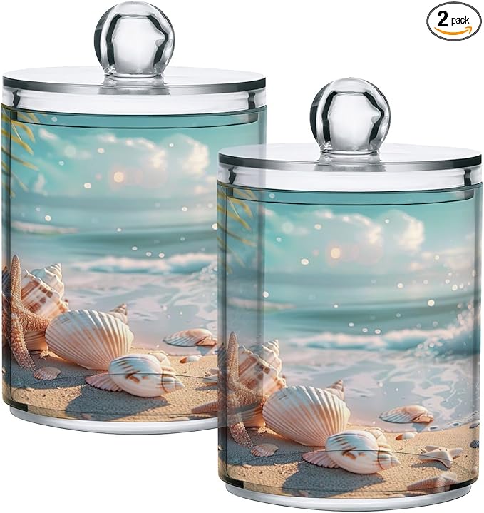 2 Pack Qtip Holder Dispenser Beach Seashell Pattern 10 Oz Bathroom Organizer with Lids Storage Canister for Cotton Ball,Cotton Swab,Cotton Round Pads,Floss