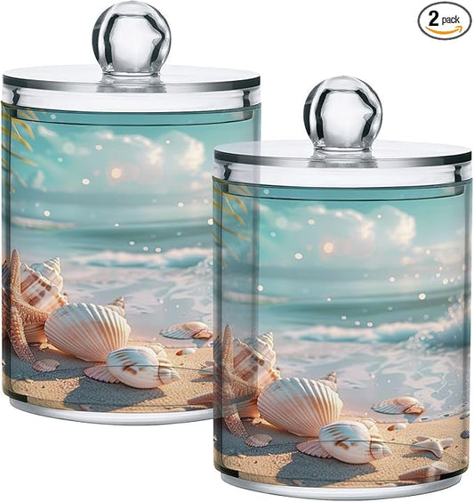 2 Pack Qtip Holder Dispenser Beach Seashell Pattern 10 Oz Bathroom Organizer with Lids Storage Canister for Cotton Ball,Cotton Swab,Cotton Round Pads,Floss