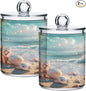 2 Pack Qtip Holder Dispenser Beach Seashell Pattern 10 Oz Bathroom Organizer with Lids Storage Canister for Cotton Ball,Cotton Swab,Cotton Round Pads,Floss