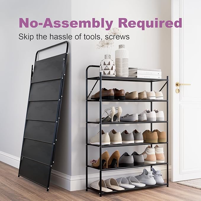 6 Tier No-Assembly Shoe Rack, Foldable Shoes Rack Organizer Without Installation, Portable Solid Metal Shoe Shelves for Closet, Entryway, Front Door Entrance