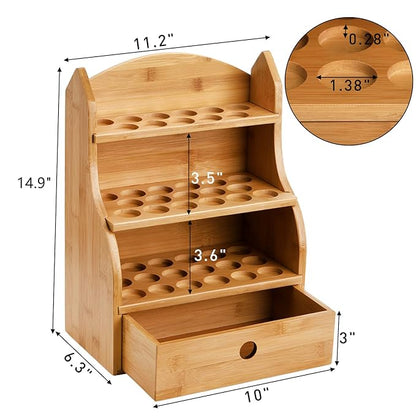 Dicunoy Essential Oils Storage Case, 46 Slots Nail Polish Shelf Display Rack with Drawer, Bamboo 3 Tiers Essential Oil Organizer Holds 10/15/20/30ml Bottles for Home, Cosmetic Shelf, Fairs, Shop