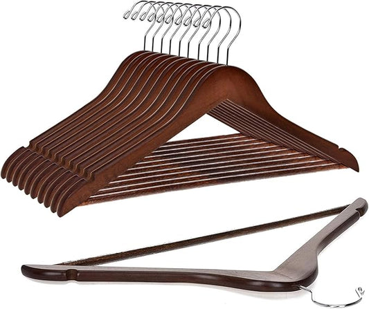 Quality Wooden Hangers - Slightly Curved Hanger 10 Pack Sets - Solid Wood Coat Hangers with Stylish Chrome Hooks - Heavy-Duty Clothes, Jacket, Shirt, Pants, Suit Hangers (Walnut/Retro, 10)