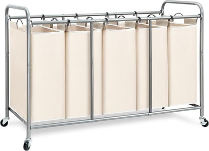 STORAGE MANIAC 5 Section Laundry Sorter, 5 Bins Rolling Separator Laundry Basket, Dirty Clothes Hamper Divider with Heavy Duty Rolling Lockable Wheels, Large Clothes Organizer Cart, Beige