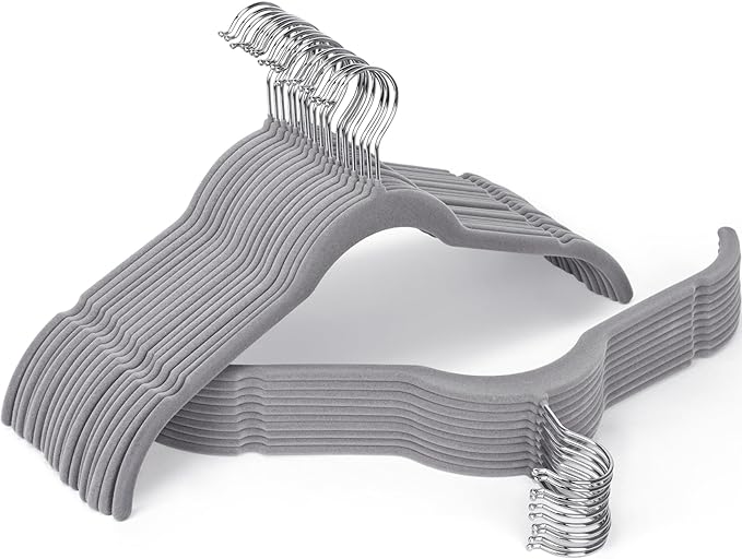 Gray Velvet Hangers 30 Pack, Non-Slip Felt Hangers with Shoulder Notches, Slim Space Saving Clothes Hangers with 360°Swivel Hook for Shirts Heavy Coats Clothes Dresses Closet(Gray)