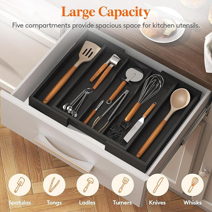 Lifewit Utensil Organizer for Kitchen Drawer, Expandable Cooking Utensil Tray, Cutlery Silverware Flatware Holder, Wood Adjustable Spatula Tools Storage Divider, 13-22x15/ 33-56x38cm, Black