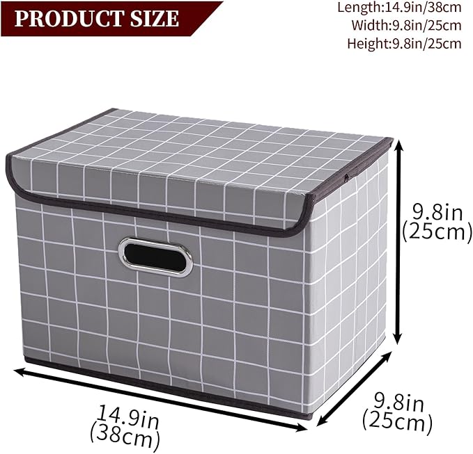 STOREONE Fabric Storage Cube Bins Foldable Organizer Container Collapsible Basket with Lids and Metal Handles, for Home, Bedroom, Closet 3 Pcs (Grey grid)