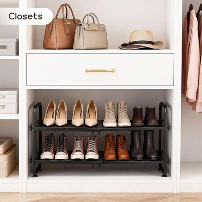 Expandable Shoe Rack for Closet - Shoe Organizer for Entryway, Adjustable Metal Shoe Storage, Stackable Long Shoe Stand Holder for Garage, Hallway, Door Entrance (Black, 2 Tier)