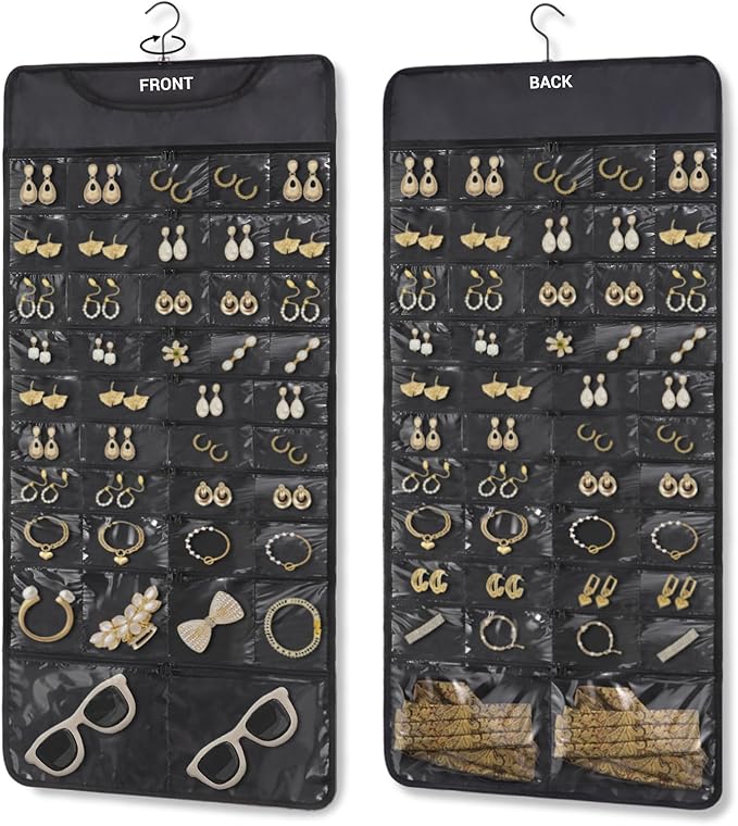 FOREGOER Hanging Jewelry Organizer with 88 Zippered Pockets, Dustproof Foldable for Travel, Accessories Organizer for Holding Jewelries, Earring Organizers and Storage (Black)