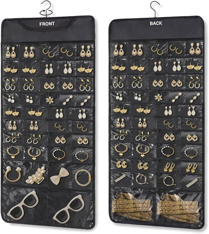 FOREGOER Hanging Jewelry Organizer with 88 Zippered Pockets, Dustproof Foldable for Travel, Accessories Organizer for Holding Jewelries, Earring Organizers and Storage (Black)